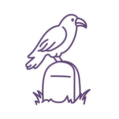 Obraz premium Crow on tombstone. Doodle illustration of crow in cemetery. Halloween, horror, cemetery and dark fantasy designs.