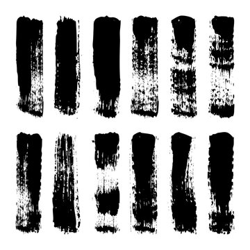 Long grunge brush strokes, lines, ink smudges, hand-drawn scribble shapes. Handmade sketchy marks, stains, charcoal streaks. Paint textures, dry brush effect. Marker underline. Vector illustration