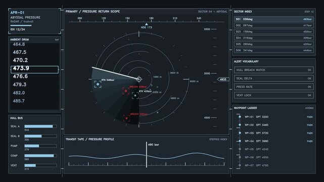 This interface displays abysmal pressure data with various graphs and text visuals. It features real time monitoring of pressure levels and an alert system for anomalies