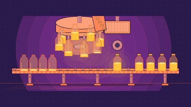 Abstract animated bottling line filler capper drawn as violet and blue lines and shapes on a deep dark background. Seamless looping 4K motion graphics video with free space for text, ideal for industr