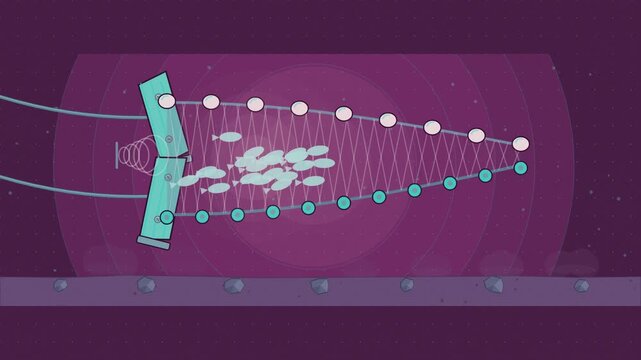 Abstract animated fishing net trawl floats drawn as violet and blue lines and shapes on a deep dark background. Seamless looping 4K motion graphics video with free space for text, ideal for industry e