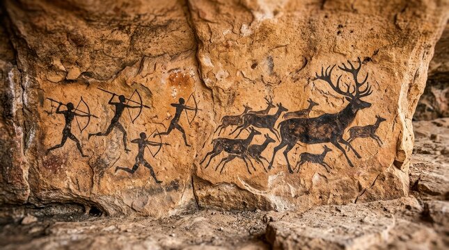 Ancient Cave Painting Style Illustration of Primitive Hunters Chasing a Herd of Deer with Bows and Arrows