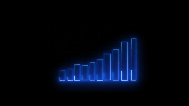 Neon blue bar graph animation tracks rising trend data. Corporate growth reflects on this blue bar graph animation. Trade success drives the blue bar graph animation.