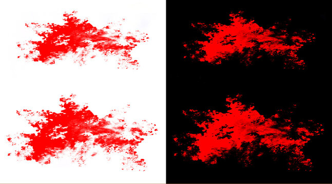 Vibrant red blood splatter set, abstract crimson paint splash on black and white background, messy liquid spray textures for horror design