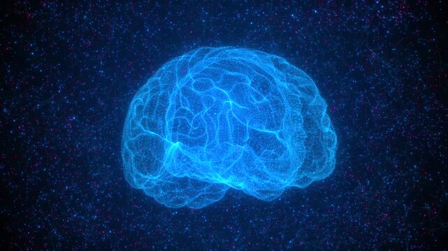 Glowing Blue Digital Brain Wireframe Neural Network Animation Background