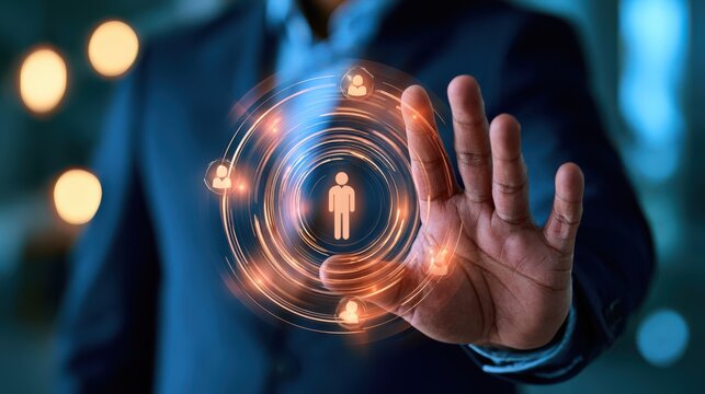 A person interacts with a glowing digital human icon surrounded by network symbols, representing technology and connectivity.