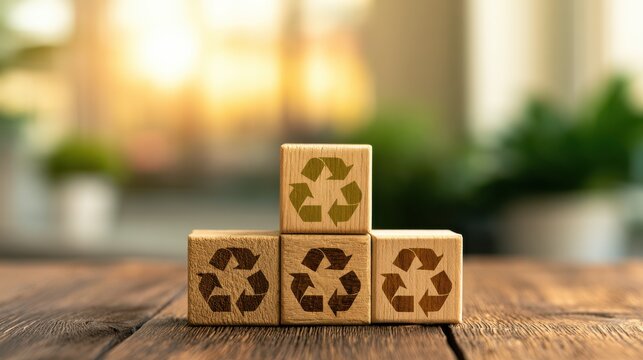 Wooden blocks with recycling symbols stacked on a wooden surface, symbolizing environmental sustainability and eco-friendly practices.