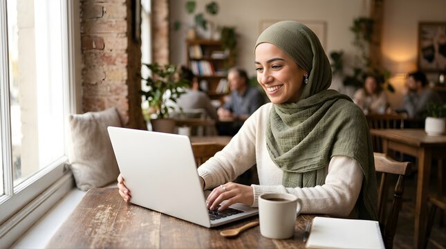 Smiling young woman in hijab working on a laptop in a cozy cafe