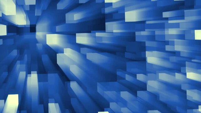 Abstract blue cubes animation explodes outward with rays. Dynamic geometric 3D blocks move in this cubes animation. High energy digital burst fills the abstract cubes.