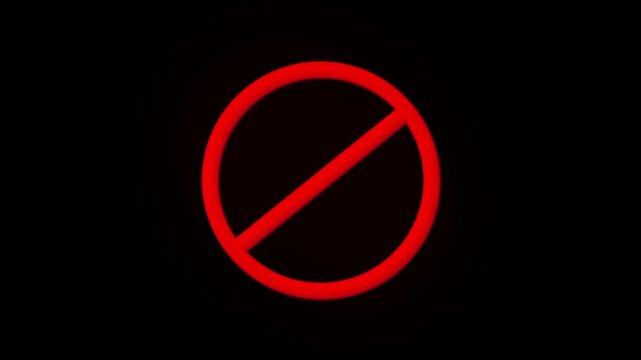 Red neon prohibition symbol animation glows on dark plane. Access restriction warning flashes on the prohibition symbol. System denial alert triggers on the symbol animation.