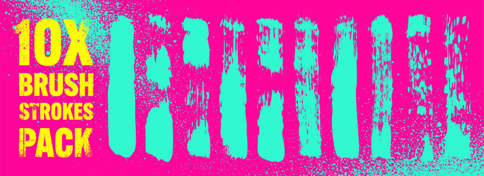 Grunge neon brush strokes, lines, ink smudges, hand-drawn scribble shapes. Handmade sketchy marks, stains, charcoal streaks. Paint textures, dry brush effect. Marker underline. Vector illustration