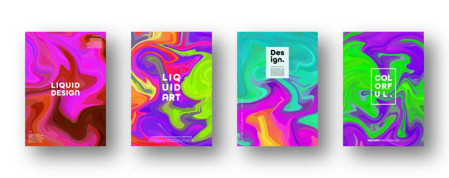 Colorful liquid abstract posters with vibrant fluid gradient shapes. Modern psychedelic marble backgrounds for covers, banners, brochures, flyers, packaging and creative branding. Vector illustration