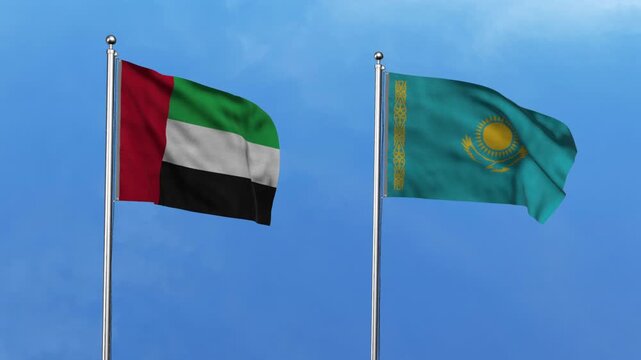 United Arab Emirates  and Kazakhstan Waving Flags, 3D Illustration