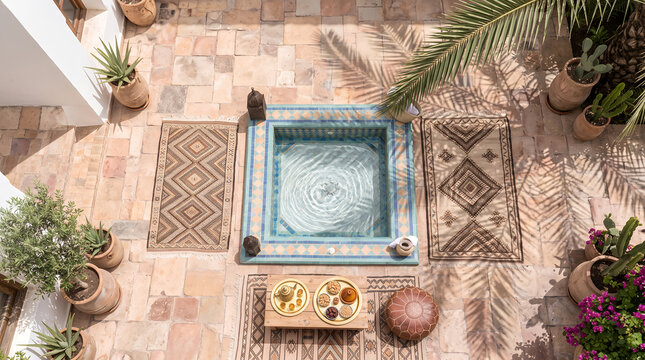 Courtyard featuring a traditional pool and geometric tile floor viewed from above.