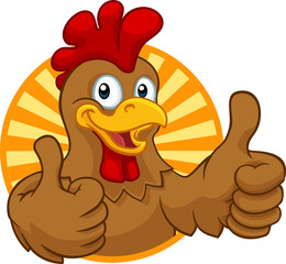 A chicken cartoon rooster cockerel character mascot giving a thumbs up. © Christos Georghiou