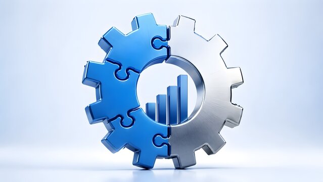 Integrated business solution concept with a gear formed by puzzle pieces and a bar chart