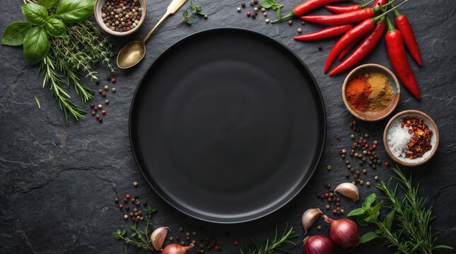 Empty black plate surrounded by fresh herbs spices and red chili peppers on a dark rustic background