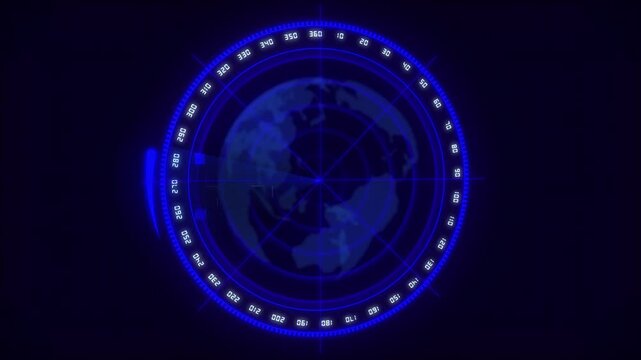 Blue radar screen animation tracks globe map coordinates. Global navigation telemetry guides this radar screen. Planetary cyber surveillance operates the radar screen.
