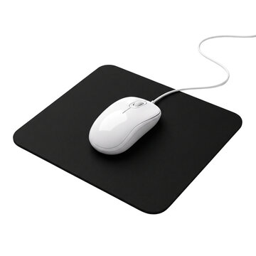 White computer mouse on black mousepad, isolated on white background