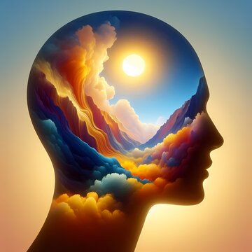 An abstract scene of a real models silhouette filled with an AI-generated landscape of mountains, clouds, and a glowing sun, creating a world within a person, Ai generated image