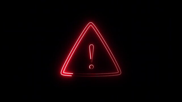 Red neon triangle warning animation flashes an alert mark. System hazard danger alert triggers on the warning animation. Cybersecurity alert flashes the triangle warning.