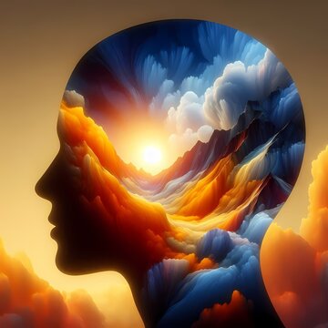 An abstract scene of a real models silhouette filled with an AI-generated landscape of mountains, clouds, and a glowing sun, creating a world within a person, Ai generated image