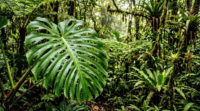 Large Monstera Leaf With Tropical Rainforest Foliage and Botanical Illustration Details