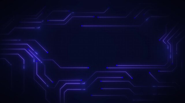 Purple circuit board pattern animation pulses on copy space. Motherboard data flows through the circuit board pattern. Digital computing drives the circuit board pattern.