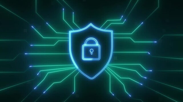 Glowing blue shield animation features a lock and data lines. Cyber defense infrastructure protects this blue shield. Network security safeguards the blue shield animation.