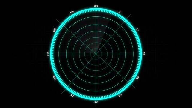 Cyan radar scanner interface animation sweeps on round rings. High tech target detection guides this radar scanner. Cyber monitoring runs on the radar scanner interface.