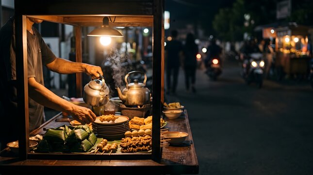 Close-up of a Yogyakarta angkringan vendor serving traditional street food at night under warm dim lights, creating an authentic Indonesian culinary atmosphere.