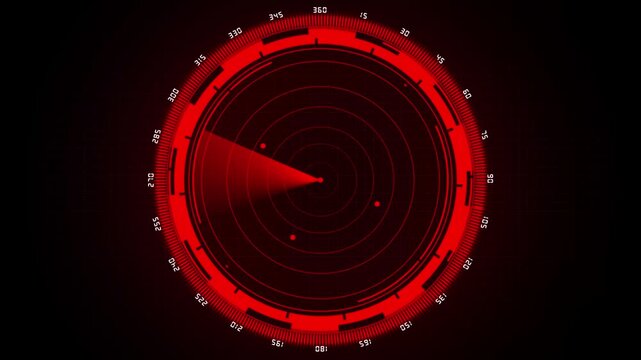 Red radar scanner screen animation sweeps beams on dark plane. Target detection telemetry guides the radar scanner screen. Threat tracking monitors this radar scanner screen.