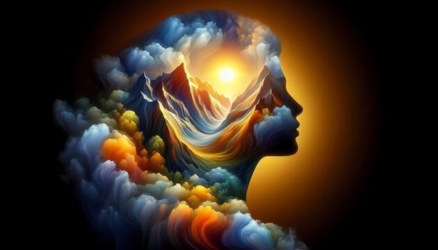 An abstract scene of a real models silhouette filled with an AI-generated landscape of mountains, clouds, and a glowing sun, creating a world within a person, Ai generated image