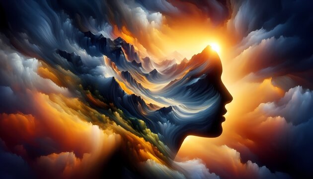 An abstract scene of a real models silhouette filled with an AI-generated landscape of mountains, clouds, and a glowing sun, creating a world within a person, Ai generated image