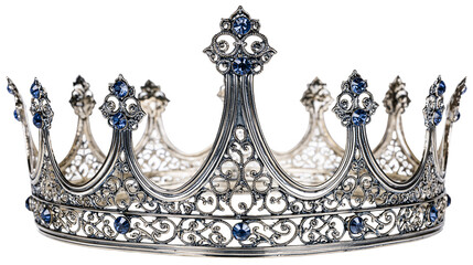 Ornate silver crown with intricate filigree metalwork and blue sapphire gemstones © Lubos