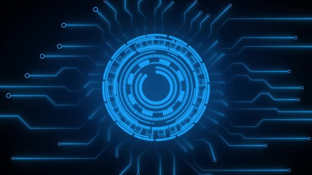 Blue digital circuit board pulses with glowing lines and a central hub. Modern motherboard computing powers this circuit board. High tech data flows across the circuit board.