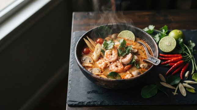 A delicious bowl of spicy thai tom yum goong soup with shrimp served on a rustic wooden table