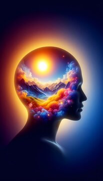 An abstract scene of a real models silhouette filled with an AI-generated landscape of mountains, clouds, and a glowing sun, creating a world within a person, Ai generated image