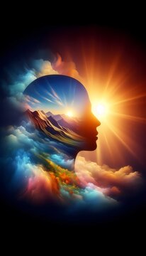An abstract scene of a real models silhouette filled with an AI-generated landscape of mountains, clouds, and a glowing sun, creating a world within a person, Ai generated image