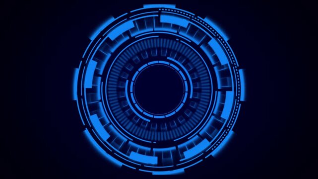 Blue circular digital interface rotates with dynamic concentric rings. High tech radar telemetry guides the digital interface. Cyber target graphics drive this digital interface.