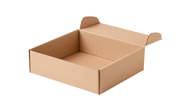 Open empty rectangular cardboard box with hinged lid
