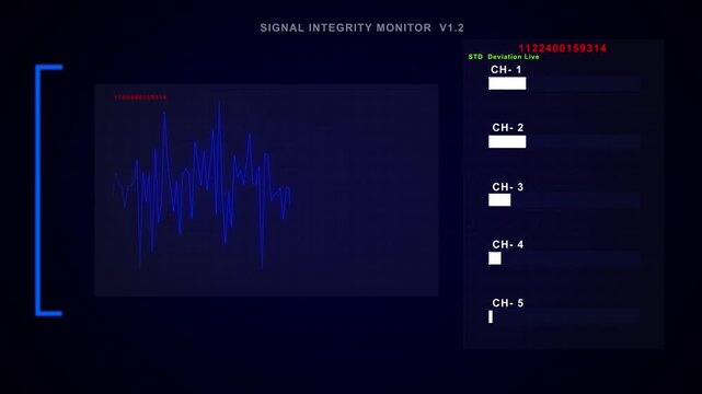 Digital signal integrity monitor animation tracks electronic pulse data. Telemetry diagnostic metrics update the signal monitor. High tech systems test with the signal monitor.