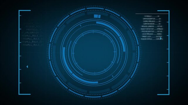 Blue circular HUD animation displays dynamic system status typography. High tech control room telemetry guides this circular HUD. Cyber user interface graphics drive the circular HUD.