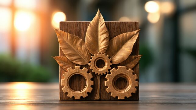 Wooden gears and autumn leaves arranged artistically on a wooden surface, blending natural and mechanical elements.