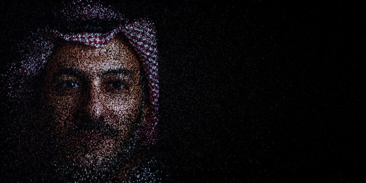 Digital ID Portrait of Middle Eastern Man with Face made up of Numbers and Symbols. Data sovereignty Concept with copy-space.