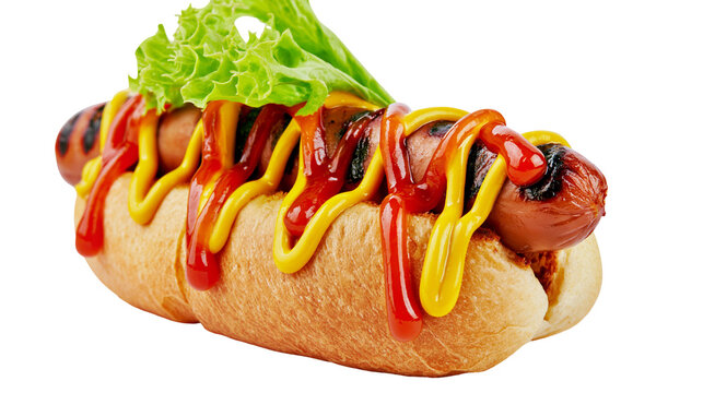 Grilled hot dog in a soft bun with fresh lettuce yellow mustard and red ketchup