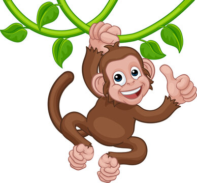 A monkey cartoon character singing on jungle vines and giving a thumbs up