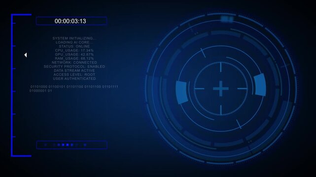 Blue circular HUD animation displays active system initialization data. Digital network connection status updates on the circular HUD. Control room telemetry drives this circular HUD.