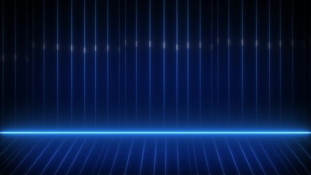 Blue neon grid animation moves across virtual perspective floor and wall. Glowing horizon lines extend along this blue neon grid. Retro synthwave visuals illuminate the blue neon grid.