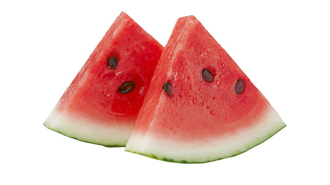 Two fresh triangular slices of ripe red watermelon with black seeds